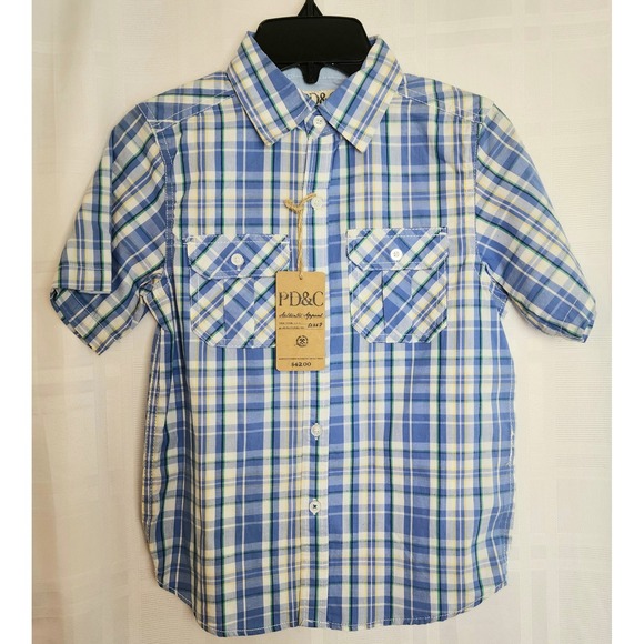 PD&C Plaid Shirt Button Up Short Sleeve Casual Top Blue‎ Green Size 5 - Picture 1 of 6